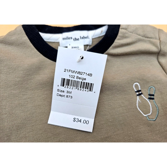 Miles The Label Baby Boy SZ 3 Months Lucky Bowling Pins Strike Beige Sweatshirt - Picture 4 of 9